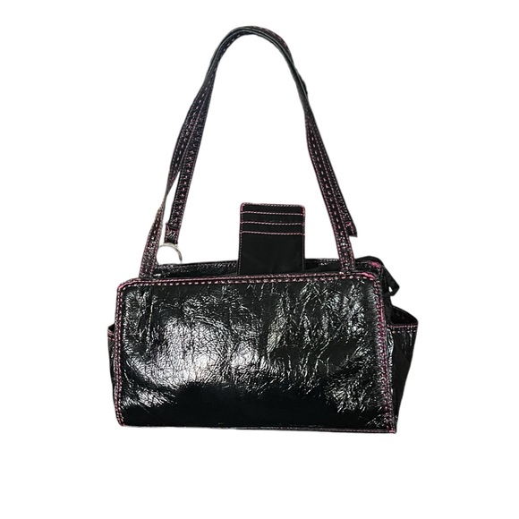 Tommy Hilfiger Crinkle Black with pink stitching Satchel Handbag. - Picture 2 of 7